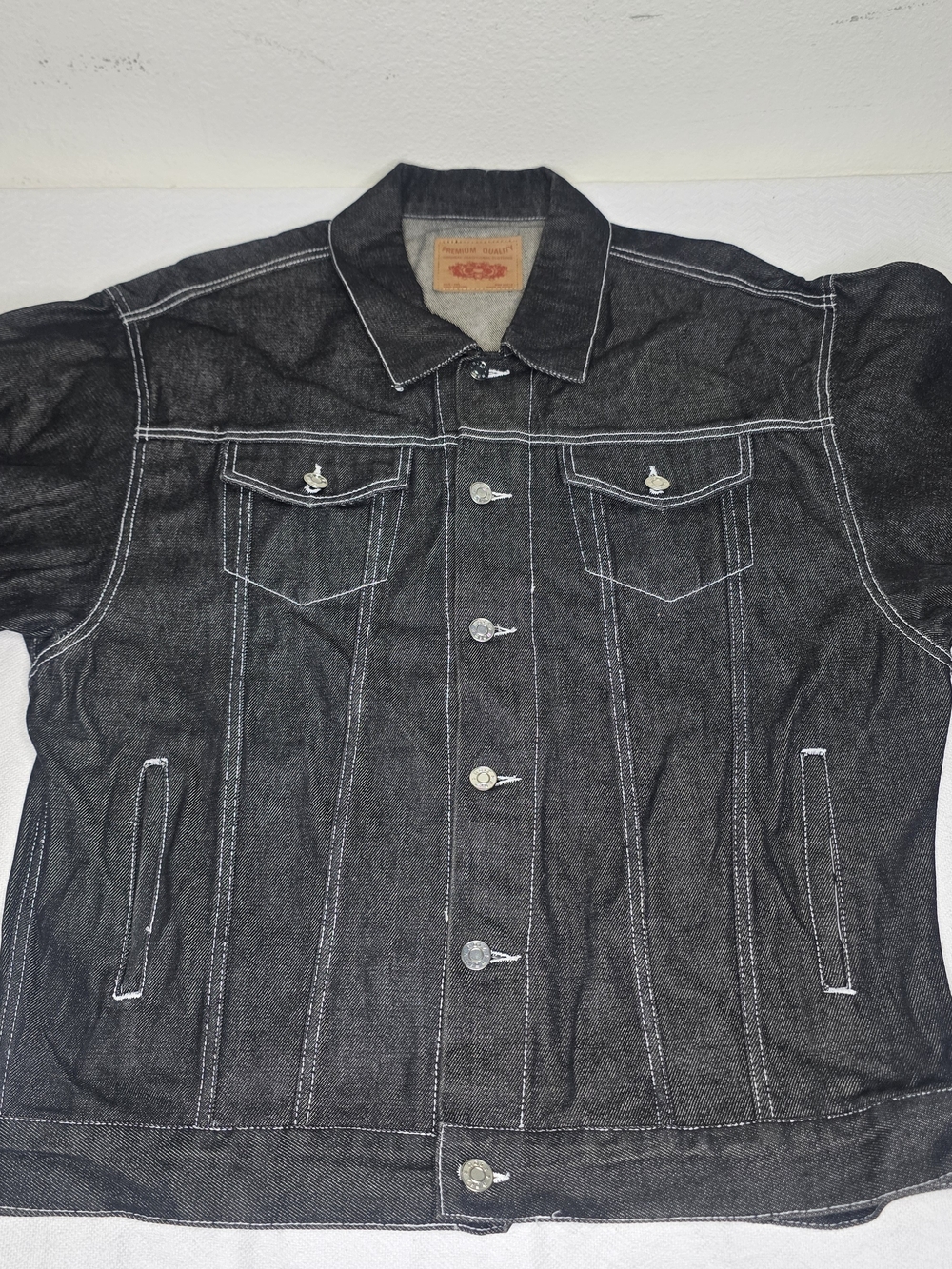 Men's Black Denim Bomber-Style Jacket - Contrast Stitching